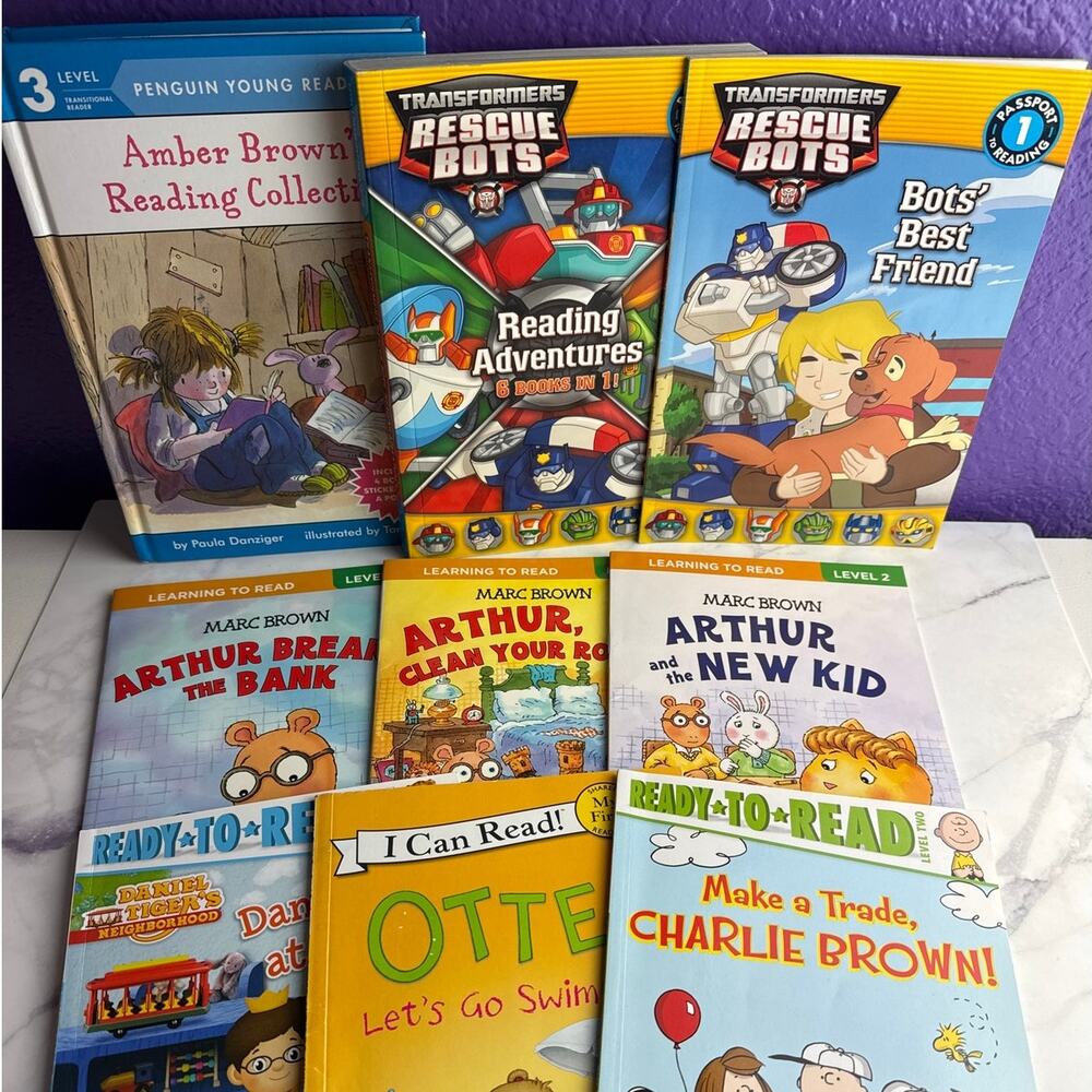 Lot of 9 Readers Transformers Rescue Bots Arthur Charlie Brown Childrens Books